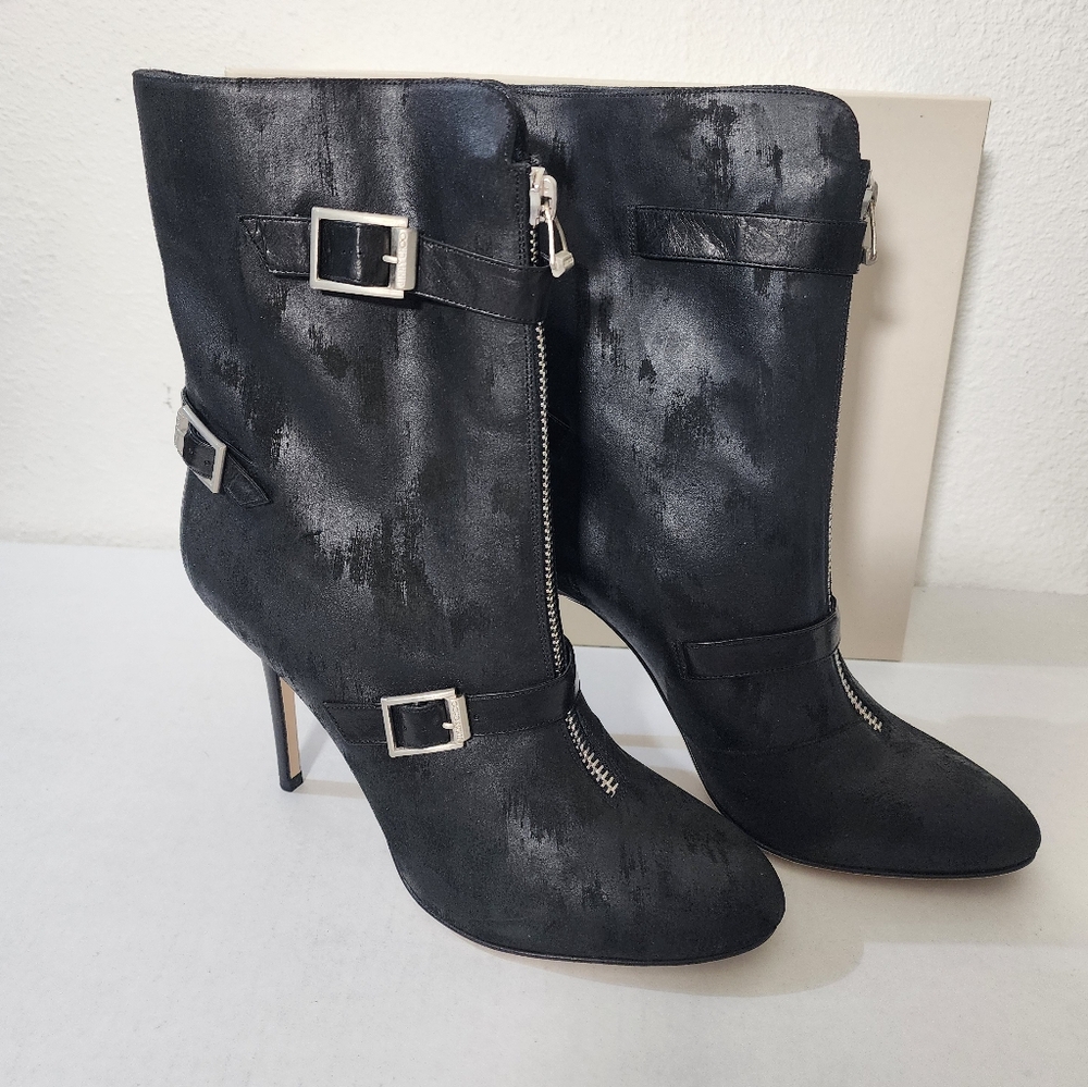 Jimmy Choo Women's  Black Waxed Suede Leather Buckle Booties Heels Zipper US 11